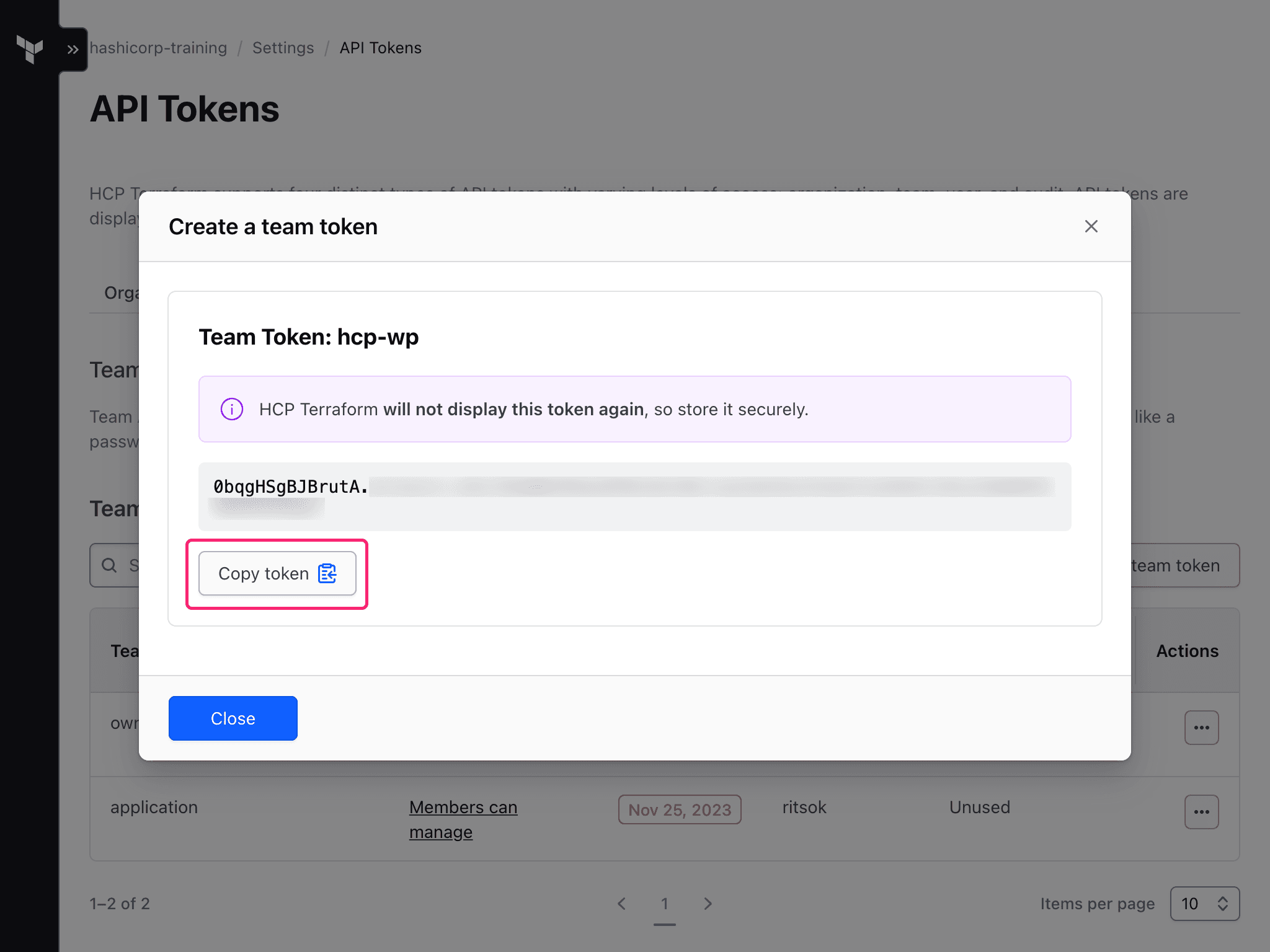 HCP Terraform team token page with copy button highlighted