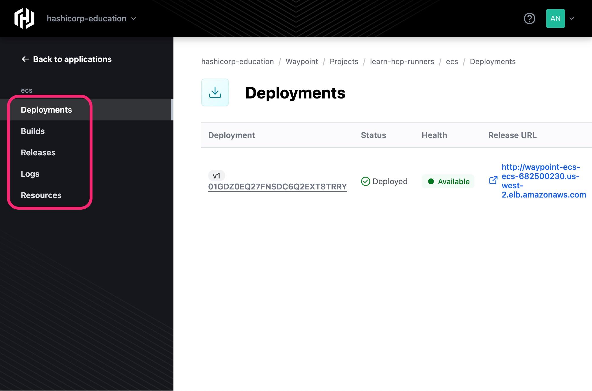 The deployments page of HCP Waypoint with the navigation highlighted